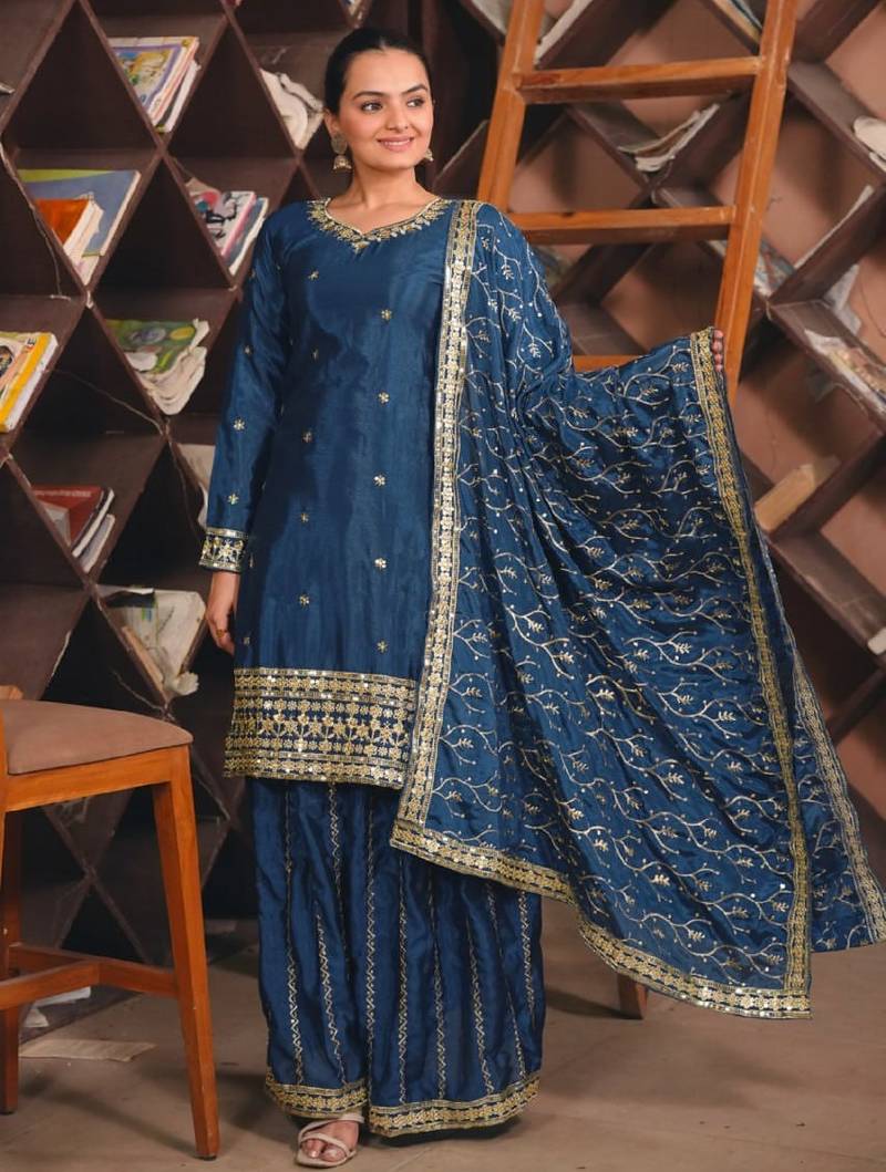 Blue color chinnon silk wedding wear trending plazo set