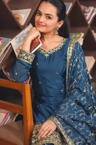 Blue color chinnon silk wedding wear trending plazo set