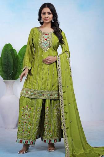 Parrot green color chinnon silk wedding wear trending plazo set