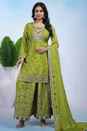 Parrot green color chinnon silk wedding wear trending plazo set