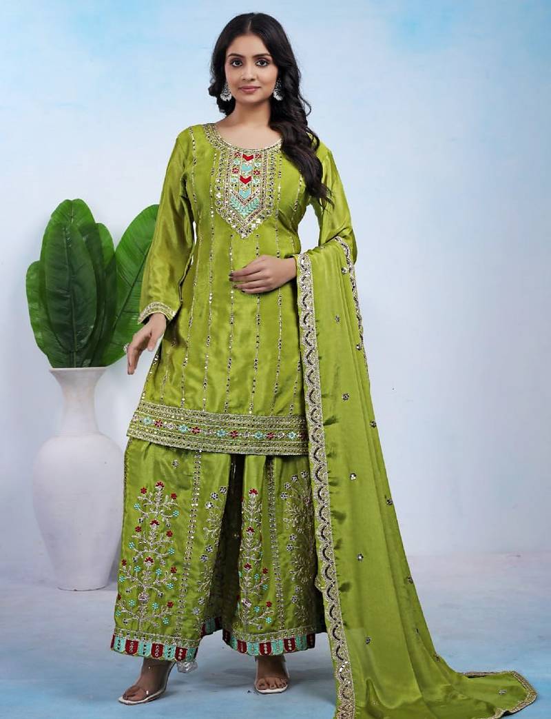 Parrot green color chinnon silk wedding wear trending plazo set