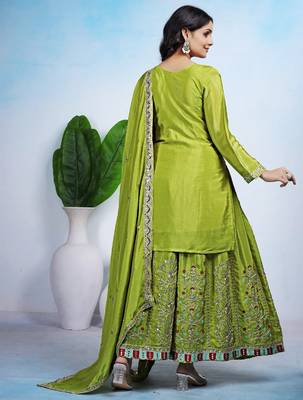 Parrot green color chinnon silk wedding wear trending plazo set 2