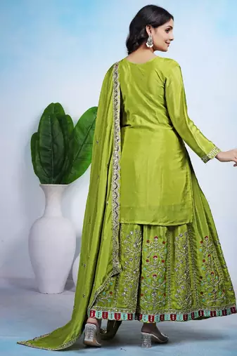 Parrot green color chinnon silk wedding wear trending plazo set