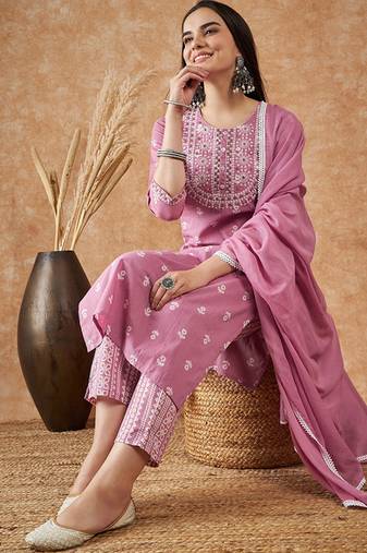 Floral printed pure cotton kurta with trousers & dupatta