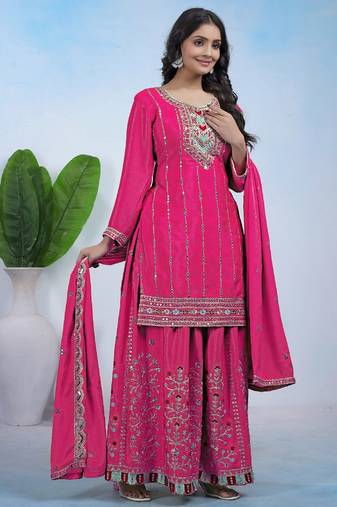 Pink color chinnon silk wedding wear trending plazo set