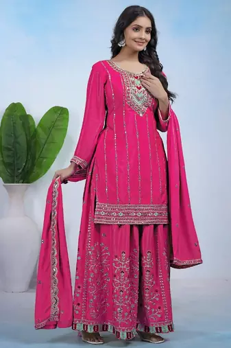 Pink color chinnon silk wedding wear trending plazo set
