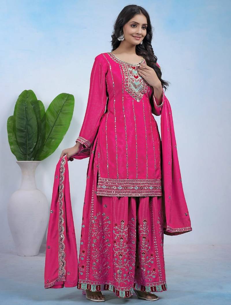 Pink color chinnon silk wedding wear trending plazo set