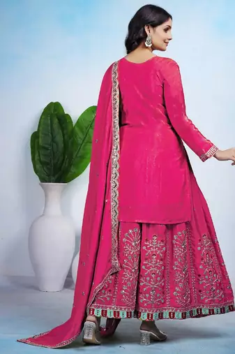 Pink color chinnon silk wedding wear trending plazo set