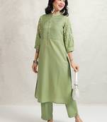 Floral embroidered regular thread work pure cotton republic day kurta with trousers