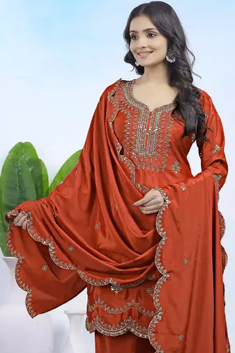 Dark orange color natural creap silk wedding wear trending salwar suit