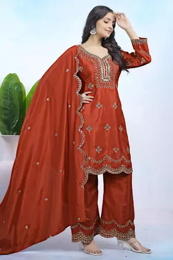 Dark orange color natural creap silk wedding wear trending salwar suit