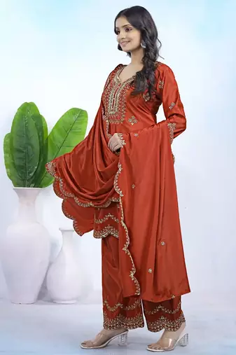 Dark orange color natural creap silk wedding wear trending salwar suit