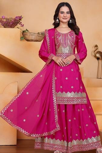 Pink color chinnon silk wedding wear trending plazo set