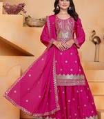 Pink color chinnon silk wedding wear trending plazo set