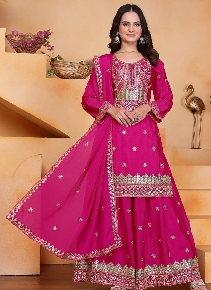 Pink color chinnon silk wedding wear trending plazo set