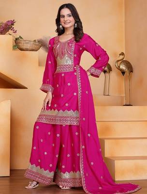 Pink color chinnon silk wedding wear trending plazo set 2