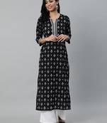 Black ethnic motifs printed cotton kurta