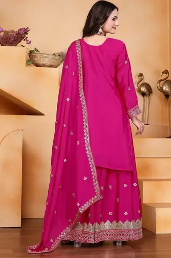 Pink color chinnon silk wedding wear trending plazo set