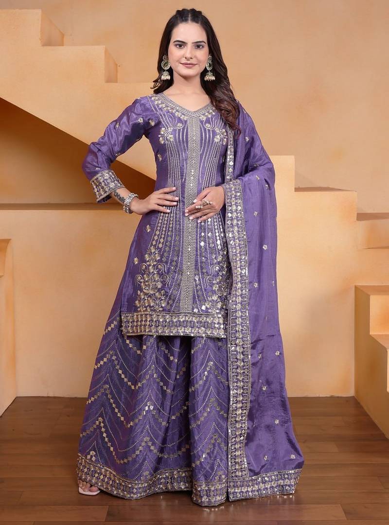 Lavender color chinnon silk wedding wear trending plazo set