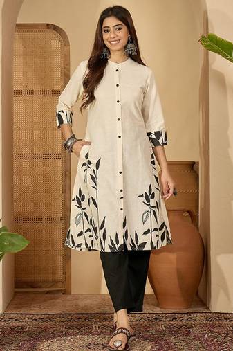 White tribal printed thread work floral kurta