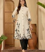 White tribal printed thread work floral kurta