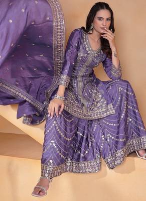 Lavender color chinnon silk wedding wear trending plazo set 3