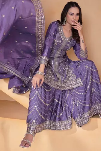Lavender color chinnon silk wedding wear trending plazo set