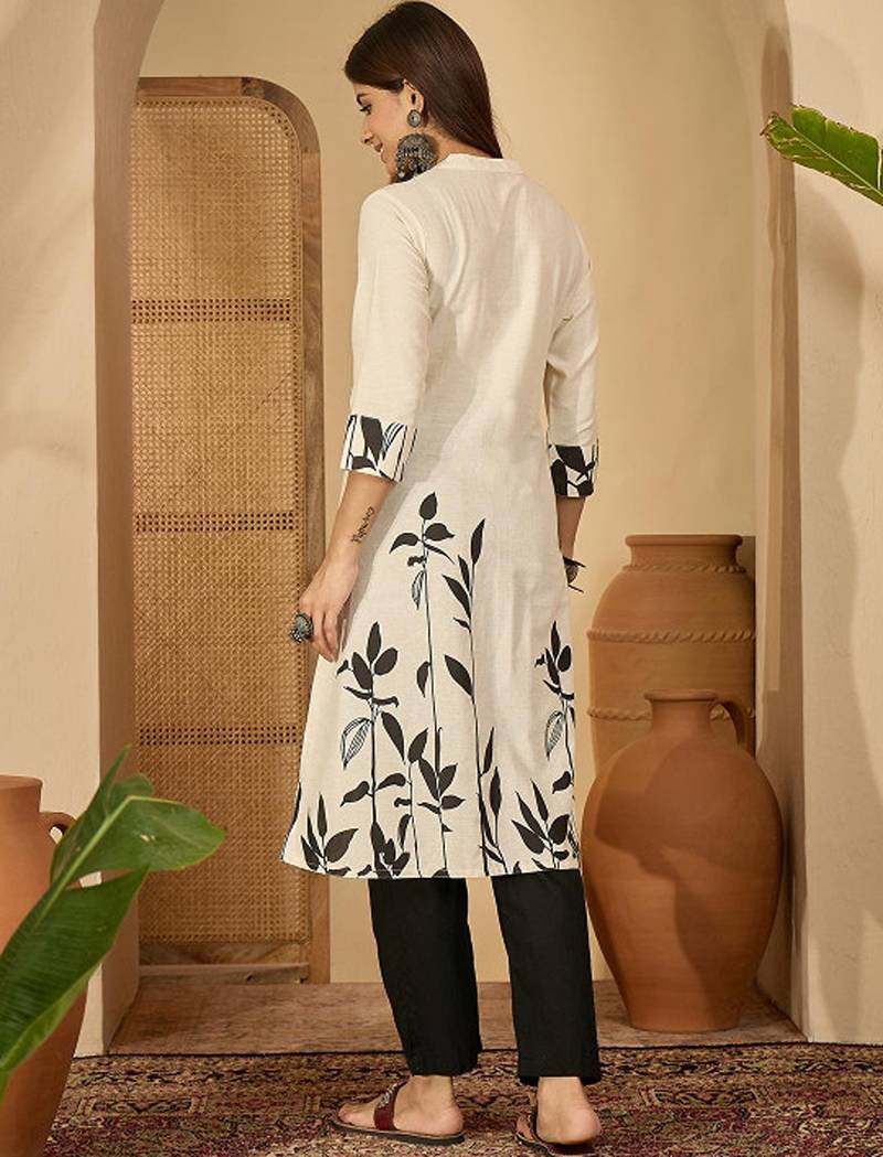 White tribal printed thread work floral kurta