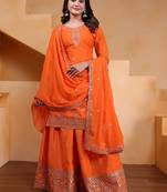 Orange color chinnon silk wedding wear trending plazo set