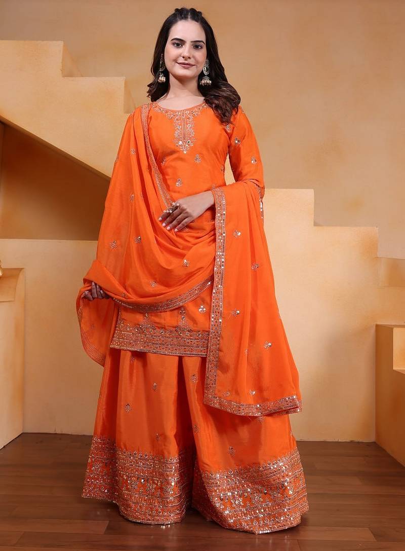 Orange color chinnon silk wedding wear trending plazo set