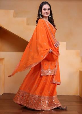 Orange color chinnon silk wedding wear trending plazo set 2