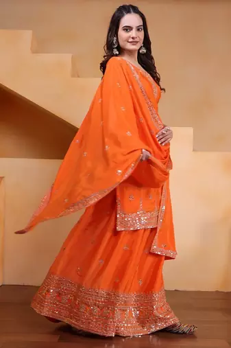 Orange color chinnon silk wedding wear trending plazo set