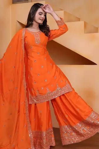 Orange color chinnon silk wedding wear trending plazo set