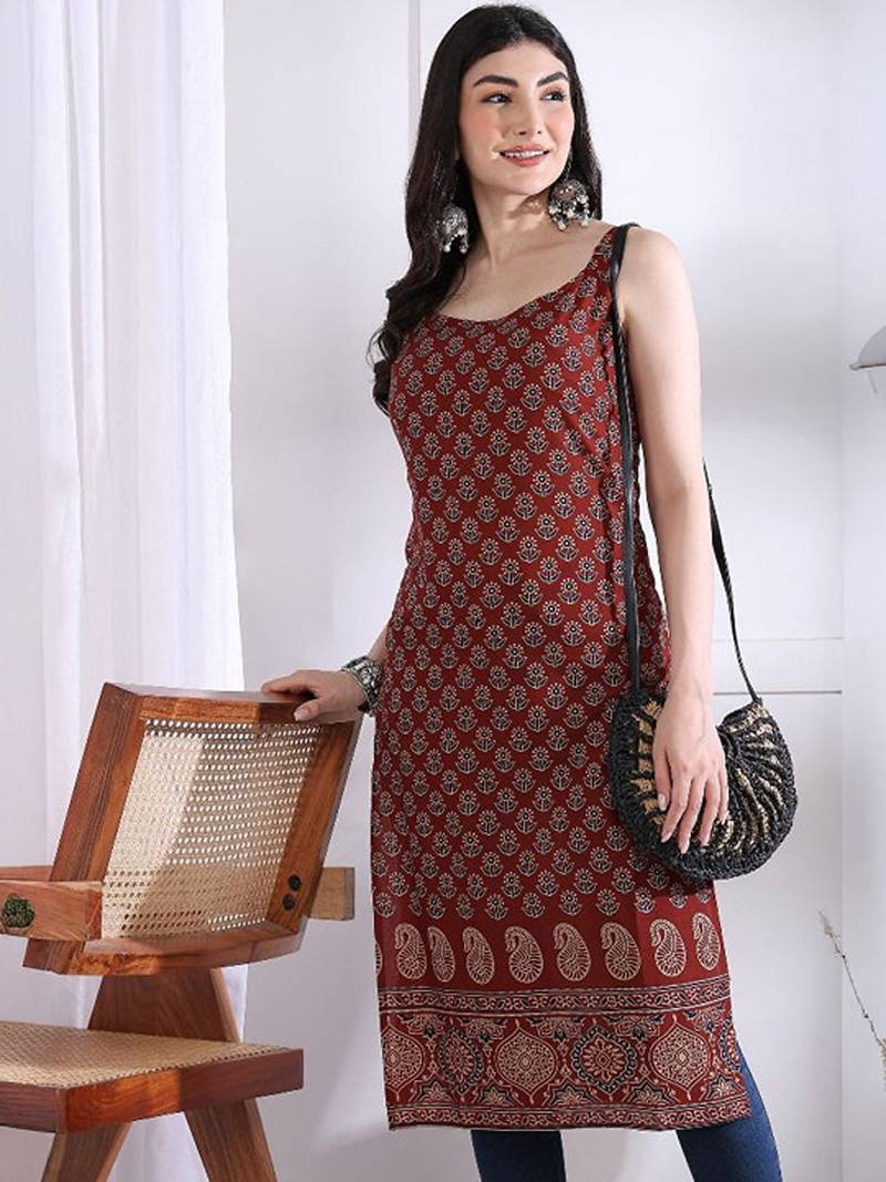 Floral printed festive cotton straight kurta
