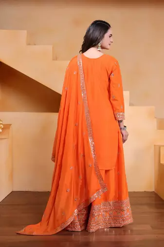 Orange color chinnon silk wedding wear trending plazo set