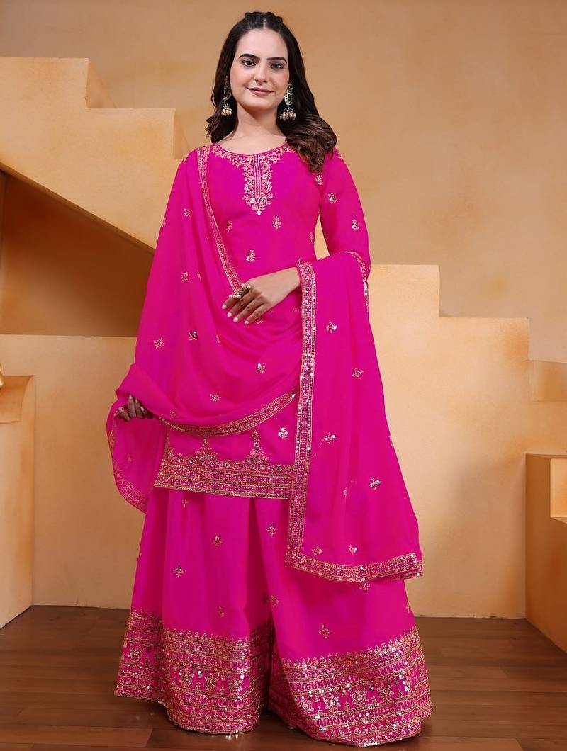 Pink color chinnon silk wedding wear trending plazo set