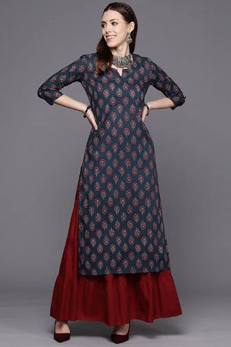 Navy blue ethnic motifs jaipuri printed cotton straight kurta