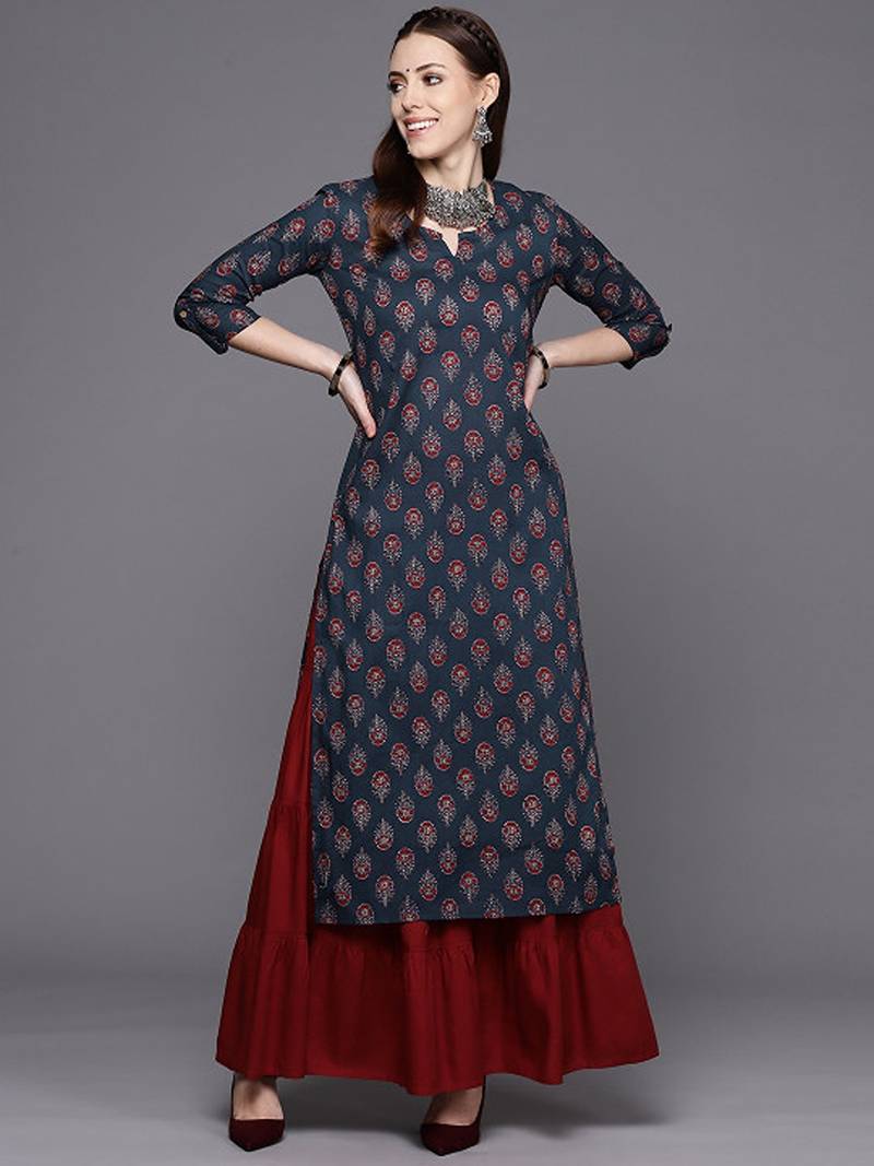 Navy blue ethnic motifs jaipuri printed cotton straight kurta
