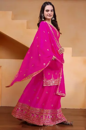 Pink color chinnon silk wedding wear trending plazo set