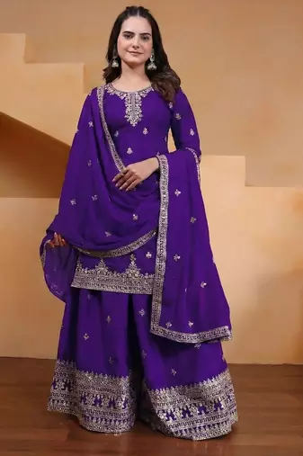 Purple color chinnon silk wedding wear trending plazo set