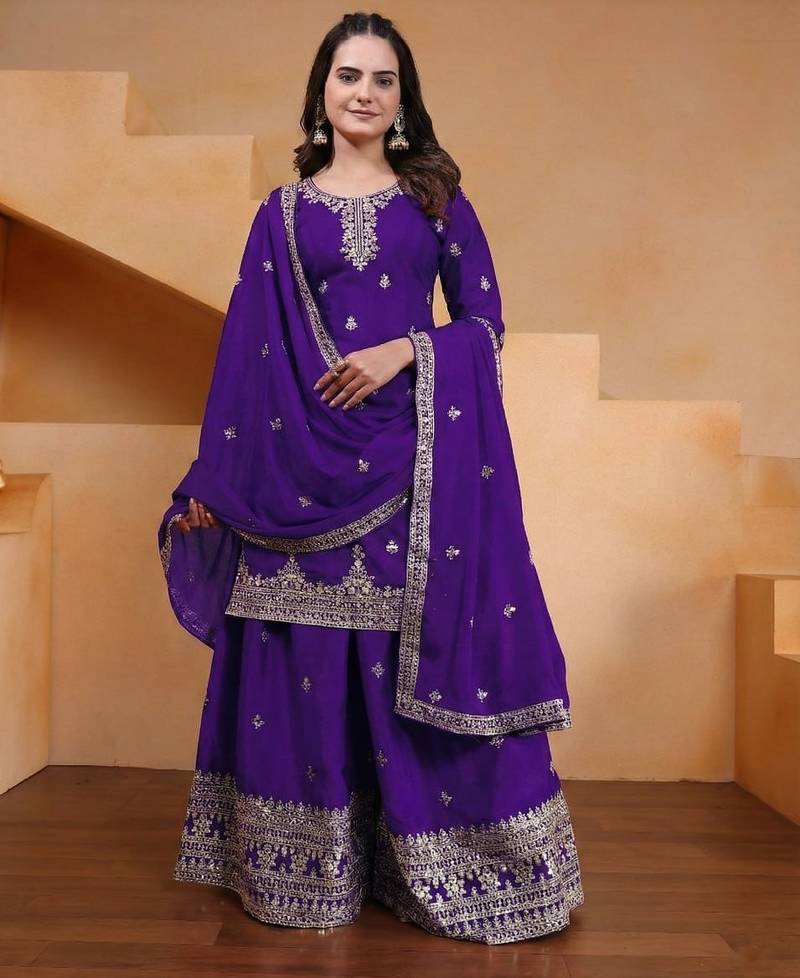 Purple color chinnon silk wedding wear trending plazo set