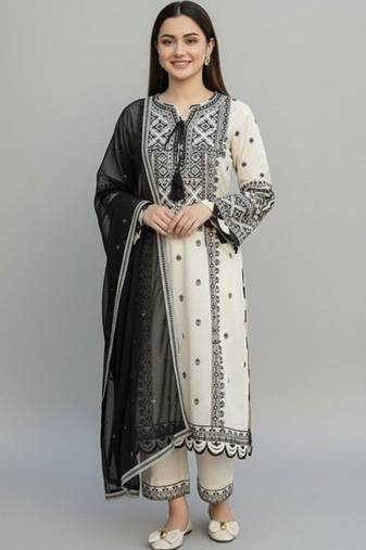 Ethnic motifs embroidered regular thread work kurta with trousers & with dupatta