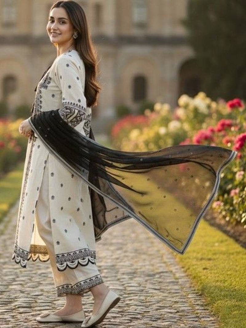 Ethnic motifs embroidered regular thread work kurta with trousers & with dupatta