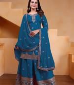 Teal color chinnon silk wedding wear trending plazo set