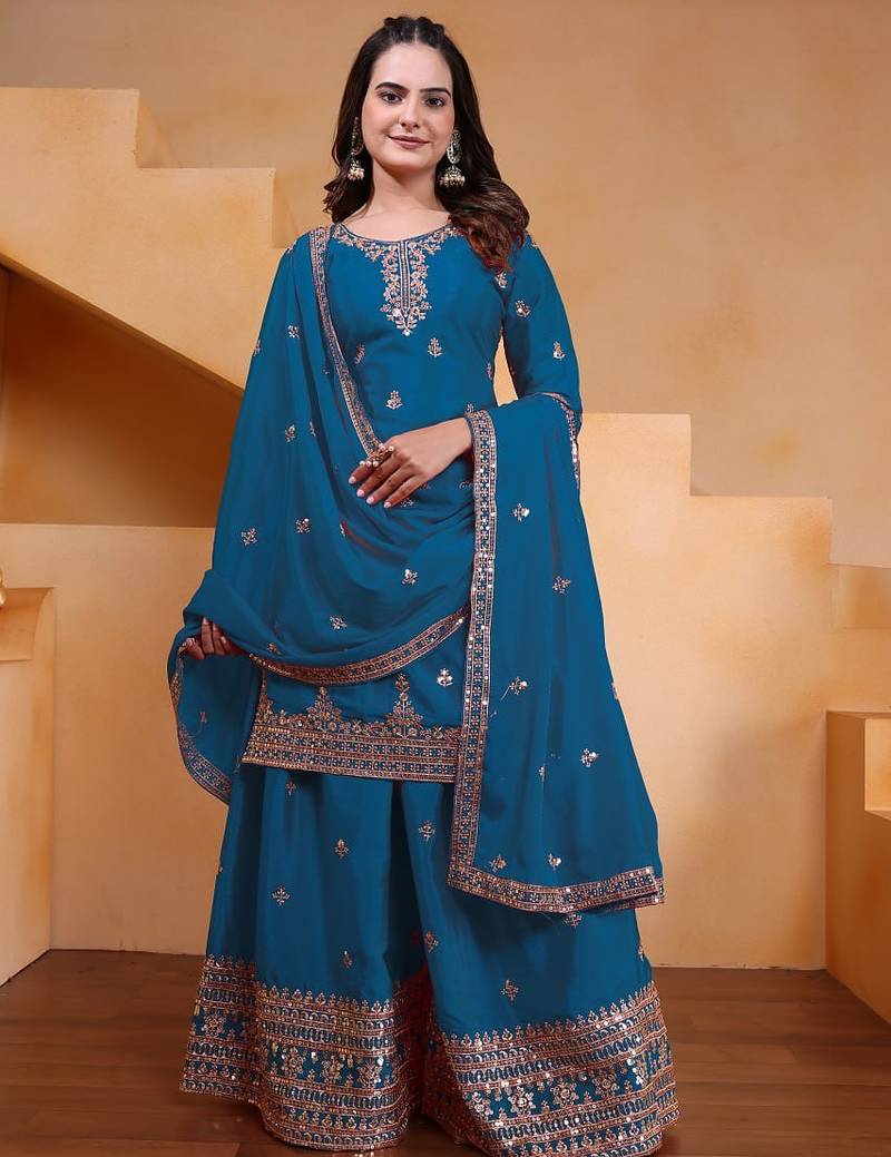 Teal color chinnon silk wedding wear trending plazo set