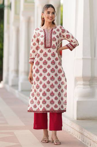 Floral printed notch neck straight pure cotton kurta