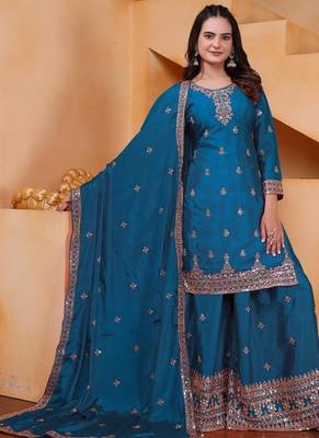Teal color chinnon silk wedding wear trending plazo set 2