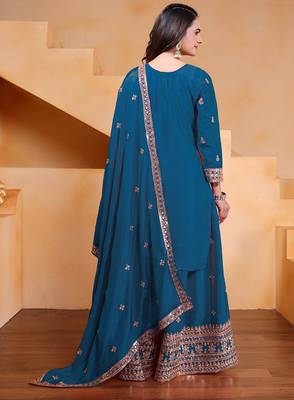 Teal color chinnon silk wedding wear trending plazo set 3