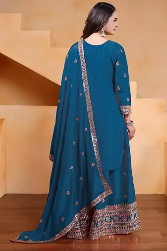 Teal color chinnon silk wedding wear trending plazo set