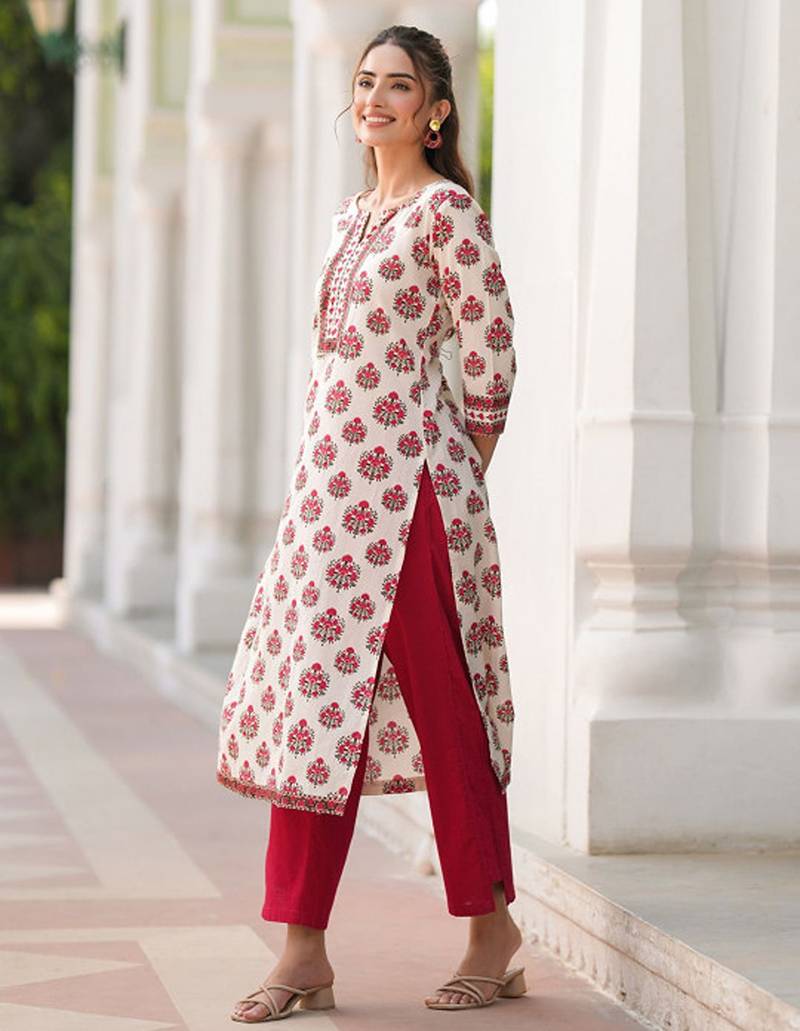 Floral printed notch neck straight pure cotton kurta